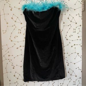 Black velvet Mini Dress w/ Blue feather trim ✨